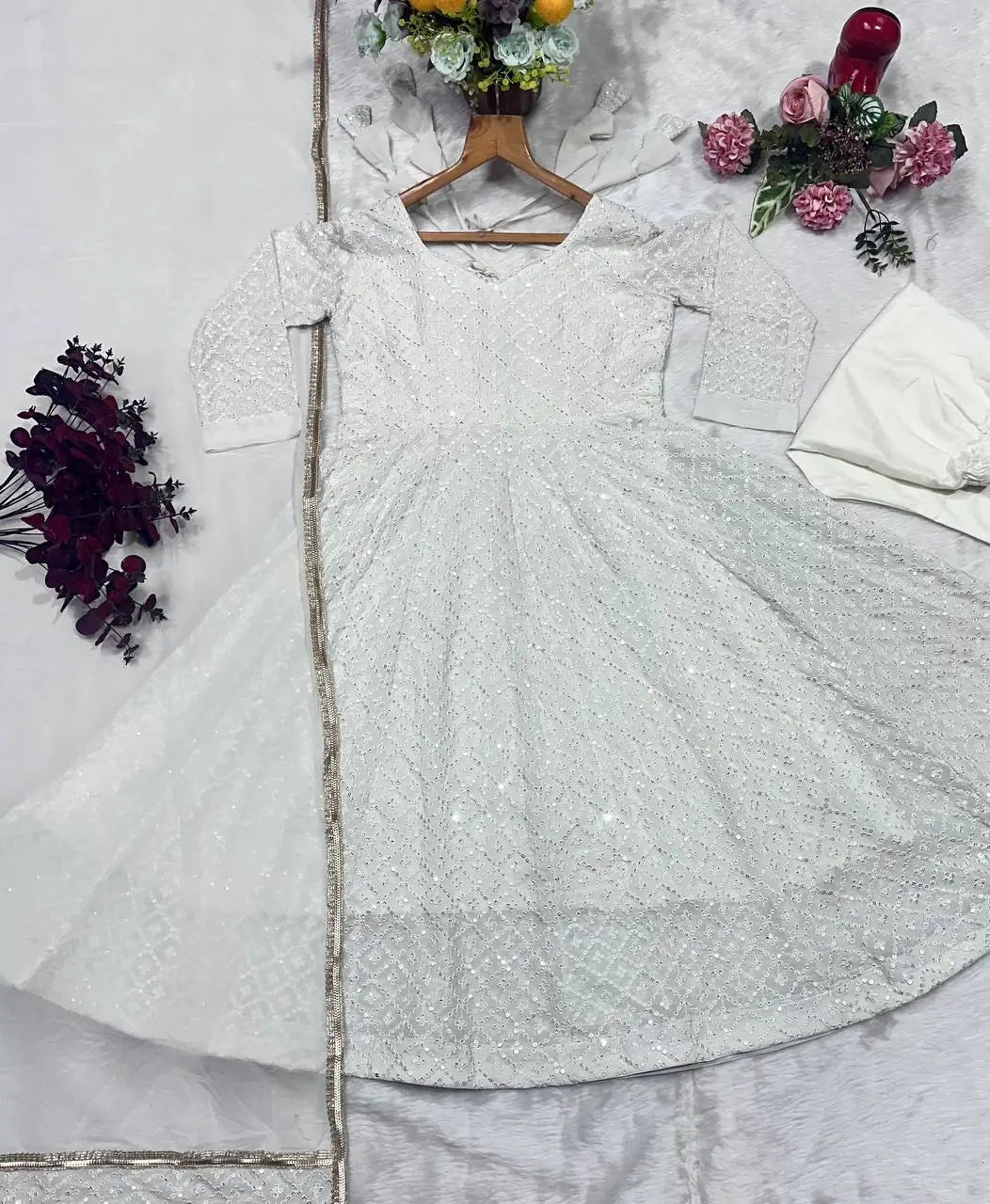 Off-White Sequined Blooming Anarkali Gown Set with Dupatta