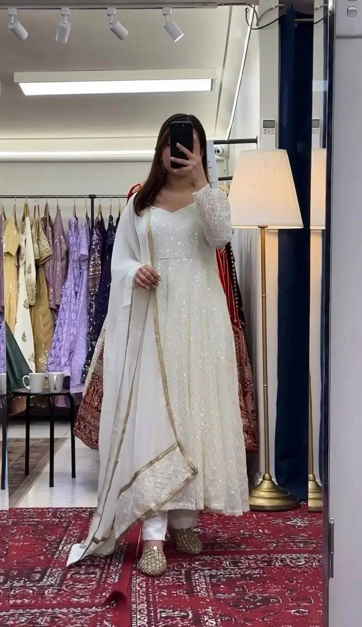 Off-White Sequined Blooming Anarkali Gown Set with Dupatta