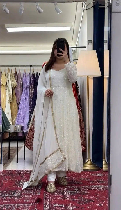 Off-White Sequined Blooming Anarkali Gown Set with Dupatta