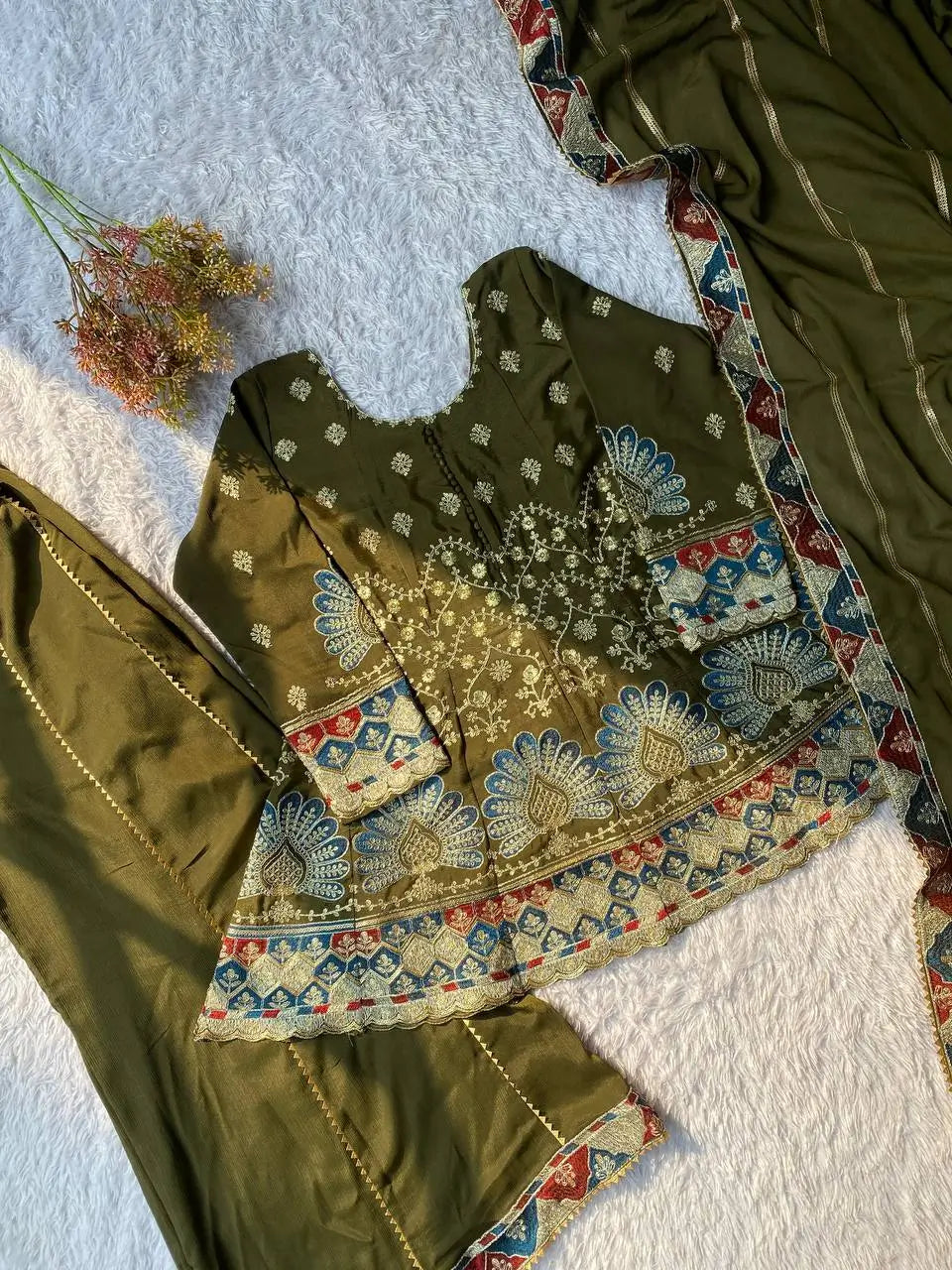 Olive Chinon Embroidered Palazzo Suit Set for Festive and Party Wear