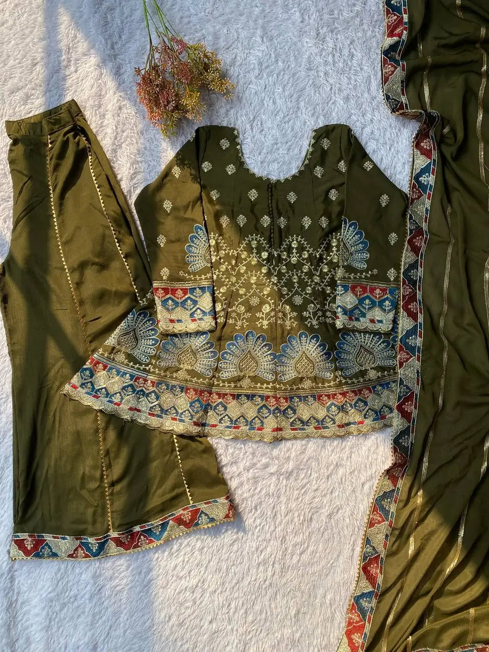 Olive Chinon Embroidered Palazzo Suit Set for Festive and Party Wear