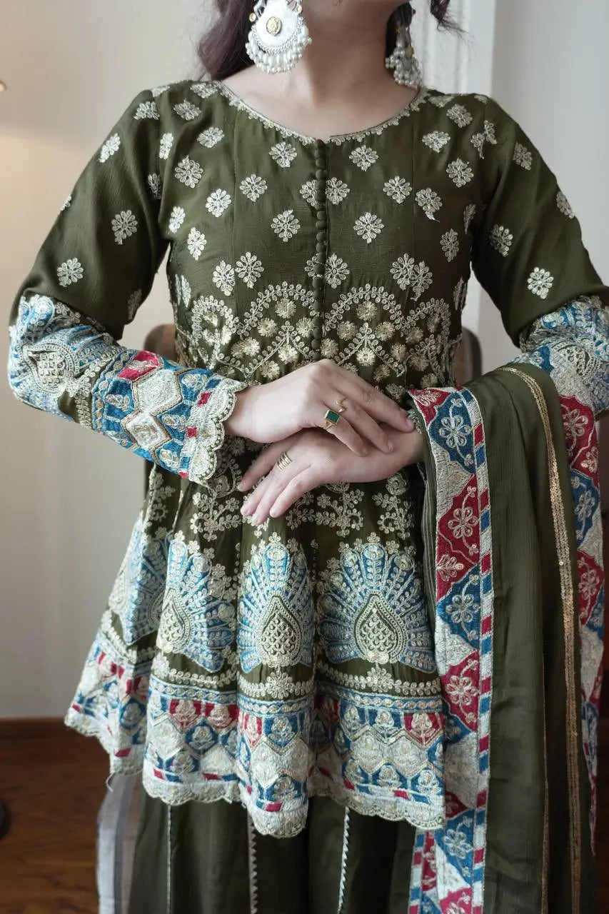 Olive Chinon Embroidered Palazzo Suit Set for Festive and Party Wear