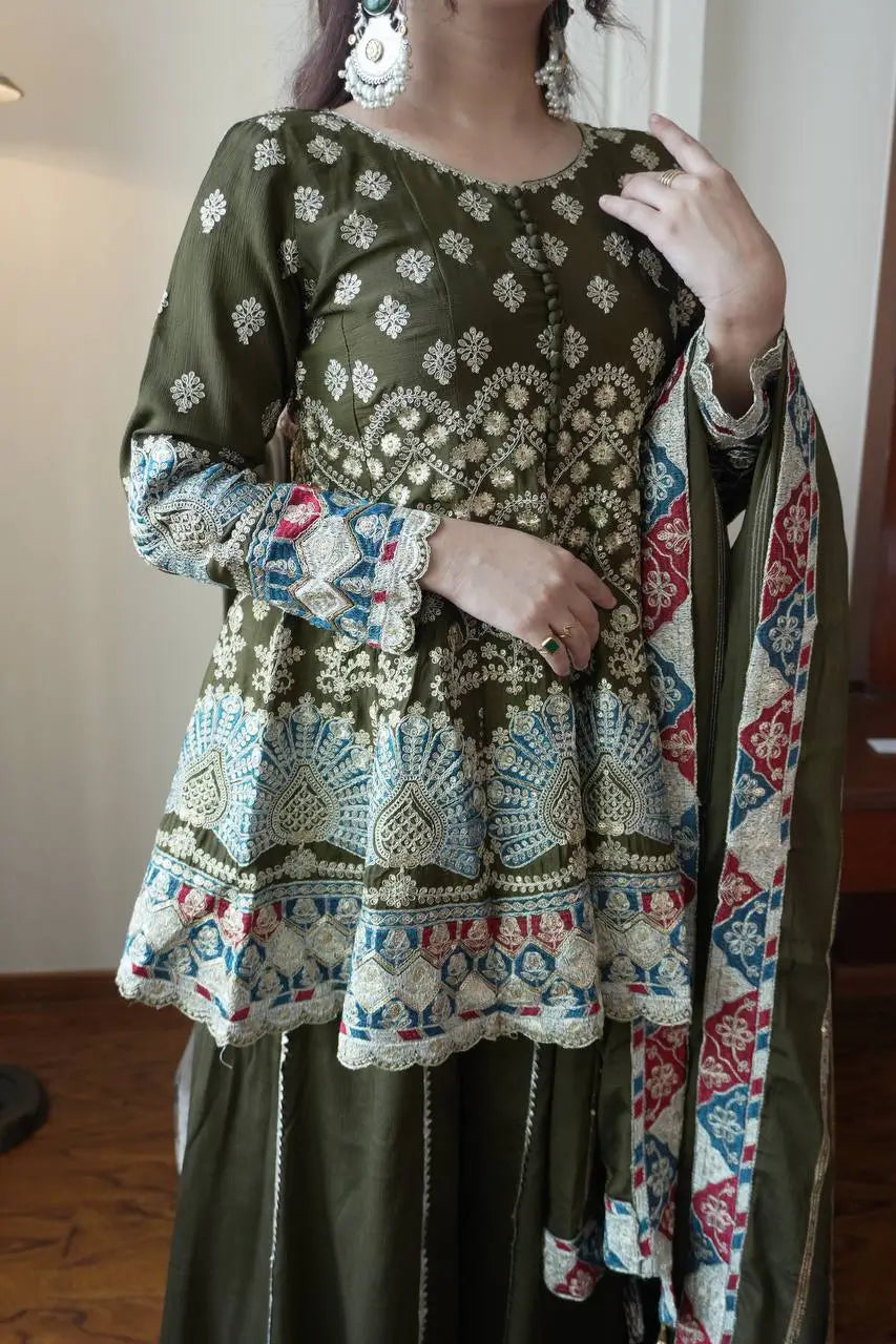 Olive Chinon Embroidered Palazzo Suit Set for Festive and Party Wear