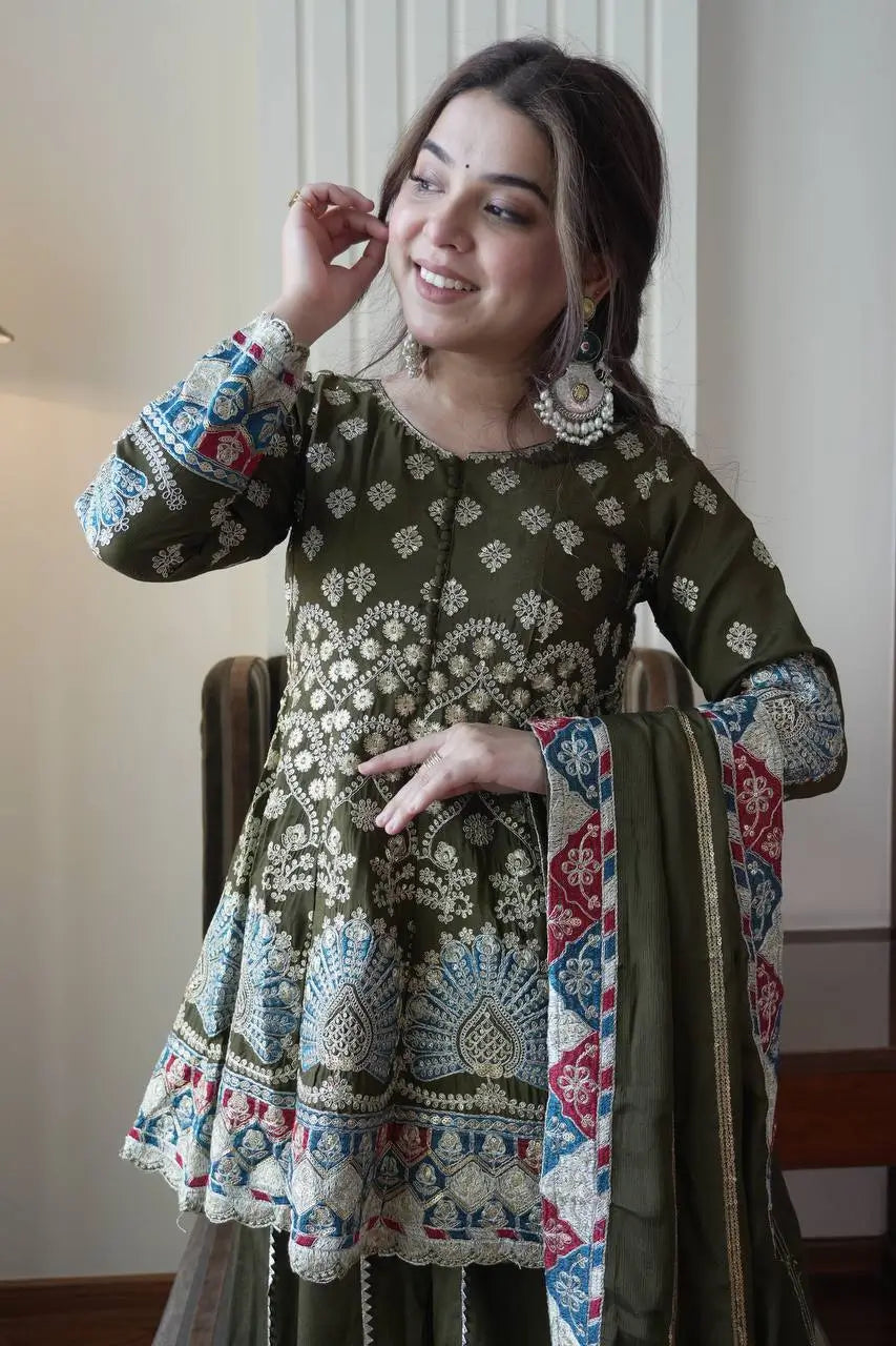 Olive Chinon Embroidered Palazzo Suit Set for Festive and Party Wear