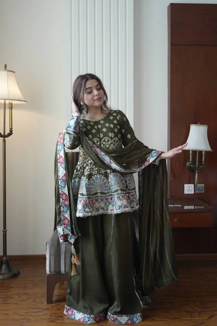 Olive Chinon Embroidered Palazzo Suit Set for Festive and Party Wear