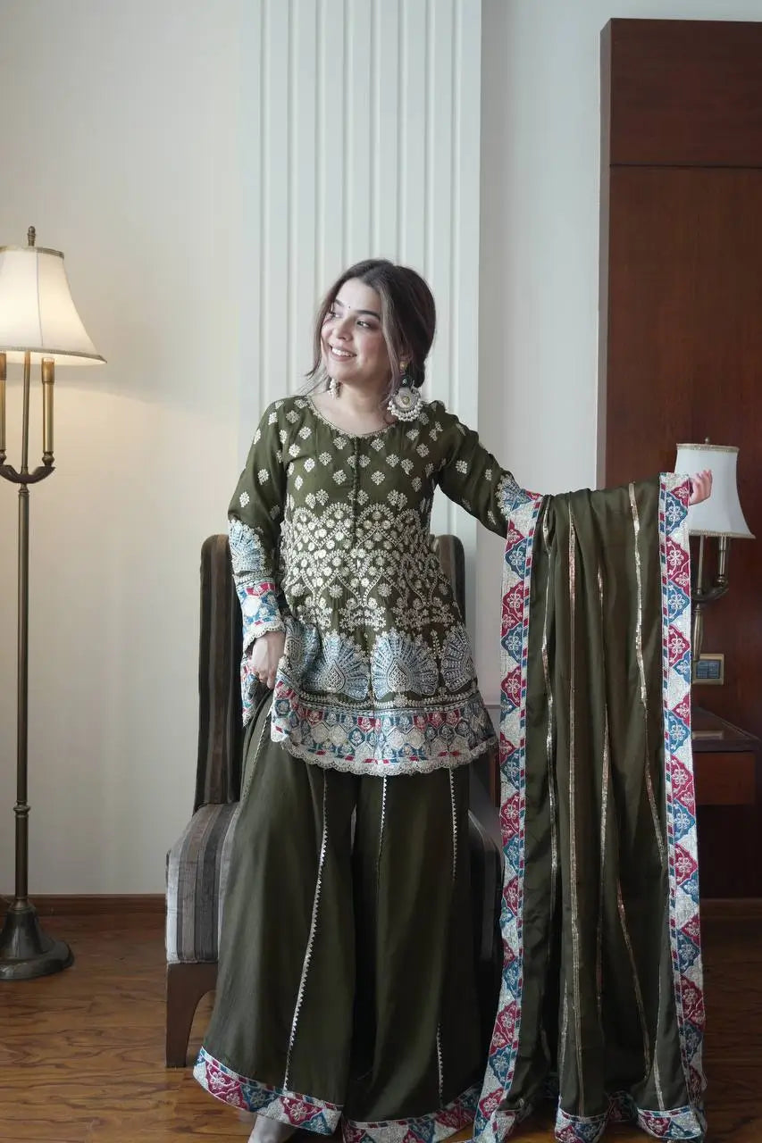 Olive Chinon Embroidered Palazzo Suit Set for Festive and Party Wear