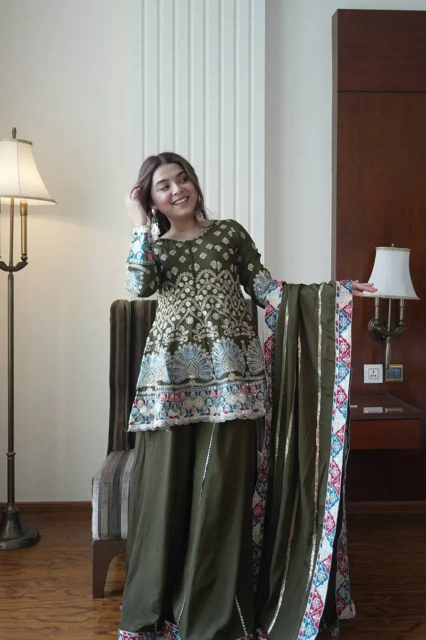 Olive Chinon Embroidered Palazzo Suit Set for Festive and Party Wear