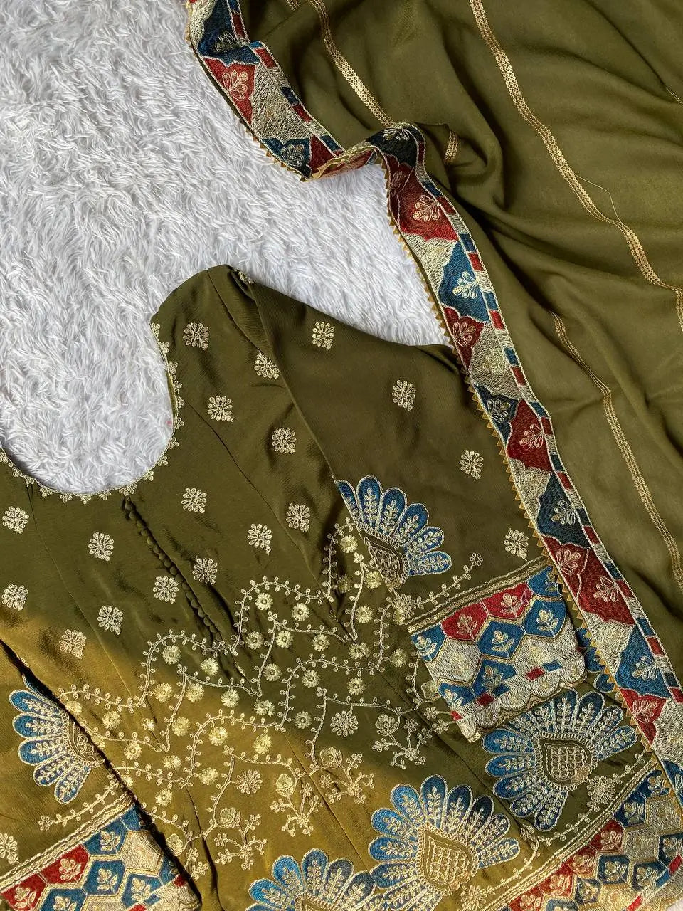 Olive Chinon Embroidered Palazzo Suit Set for Festive and Party Wear