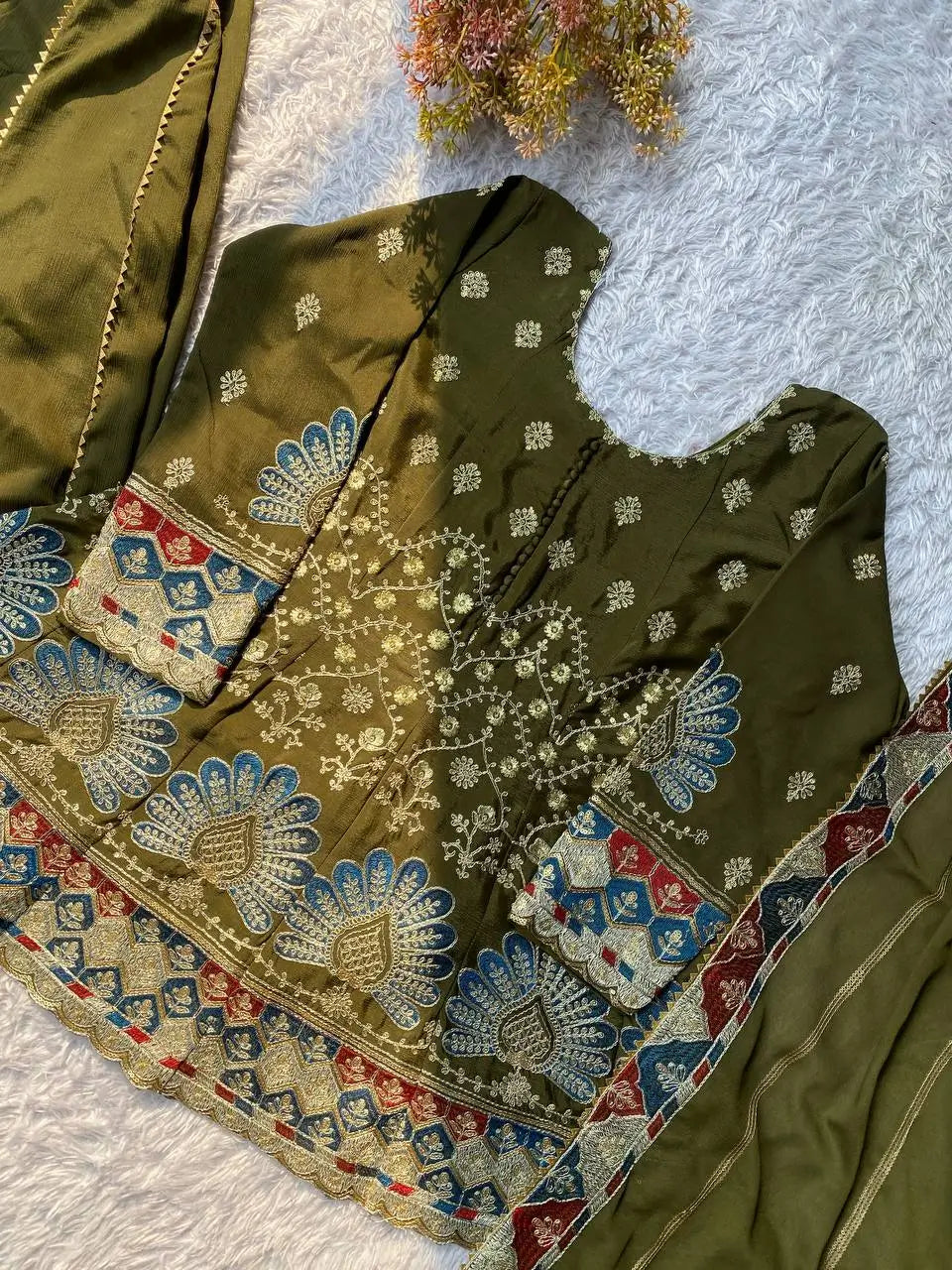Olive Chinon Embroidered Palazzo Suit Set for Festive and Party Wear