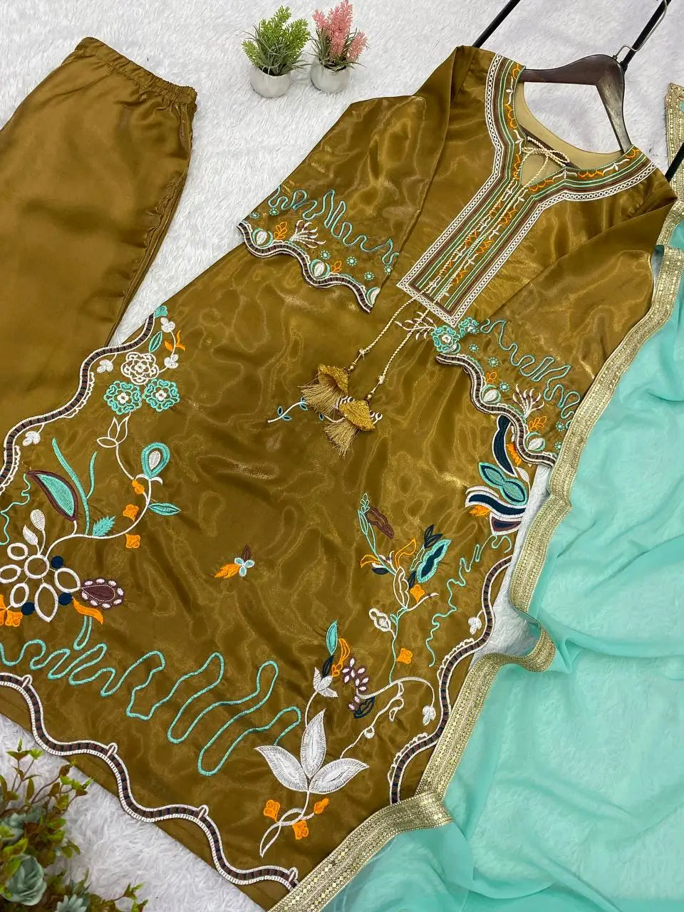 Olive Floral Embroidered Suit