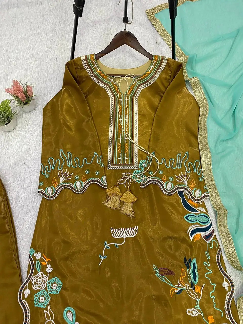 Olive Floral Embroidered Suit