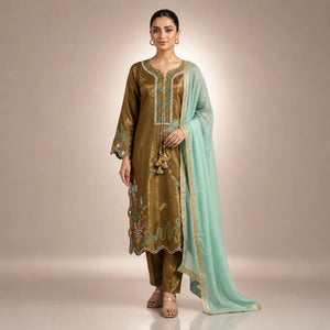 Olive Floral Embroidered Suit