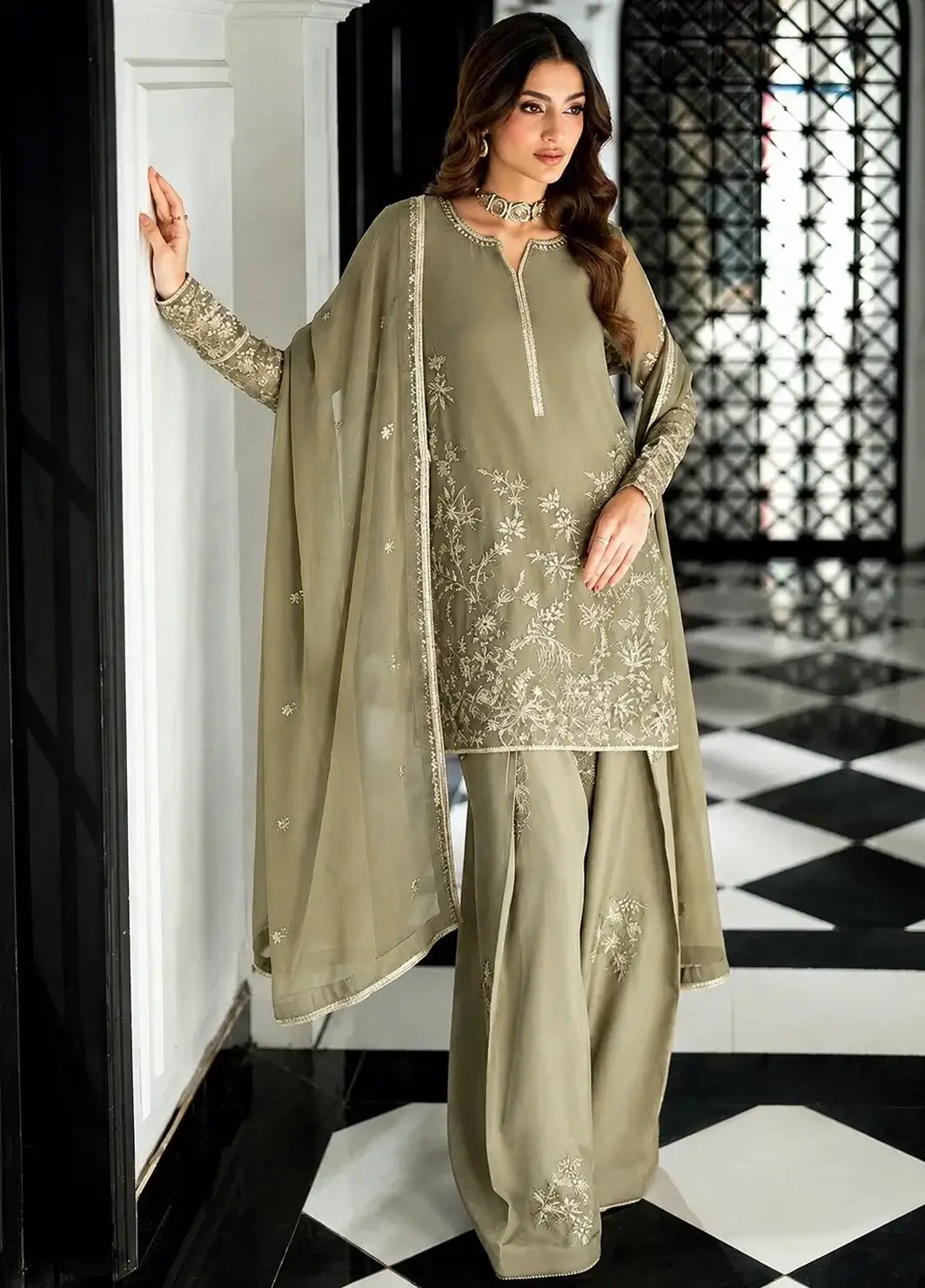 Olive Floral Thread Anarkali