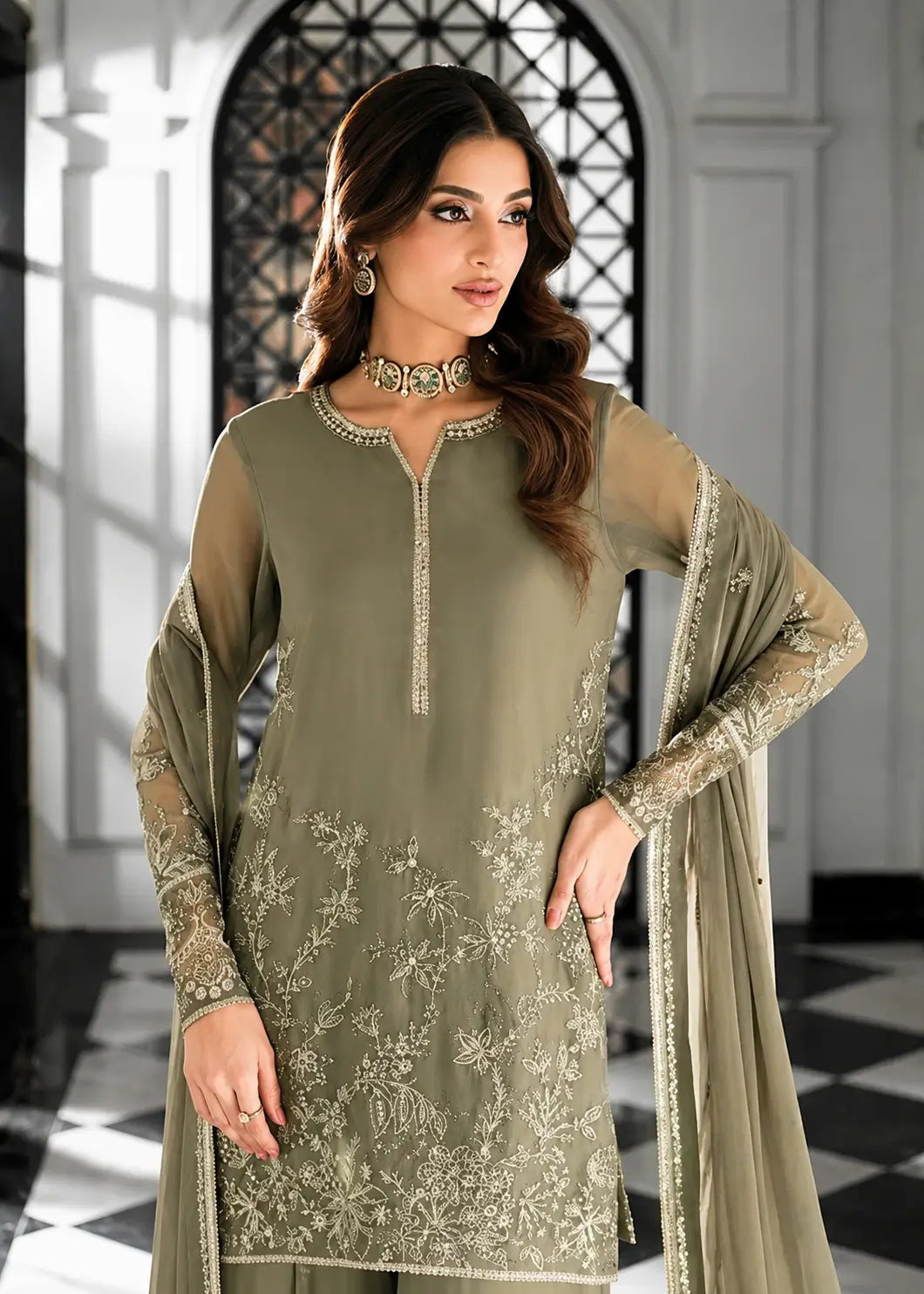 Olive Floral Thread Anarkali