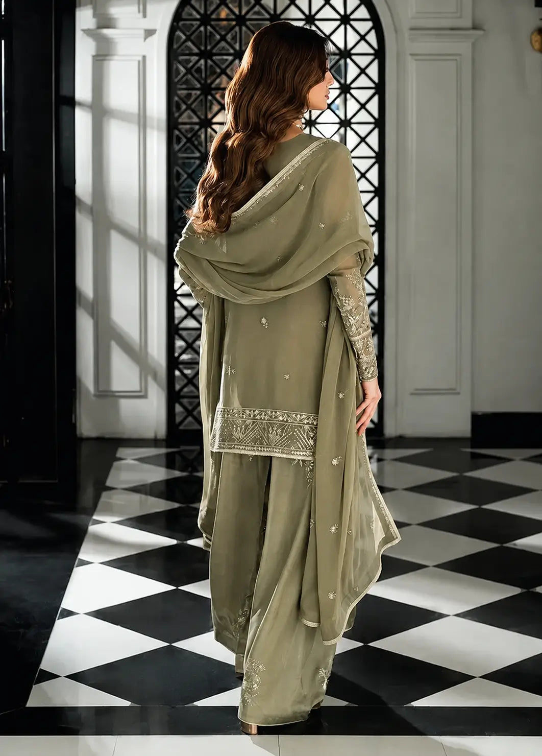 Olive Floral Thread Anarkali
