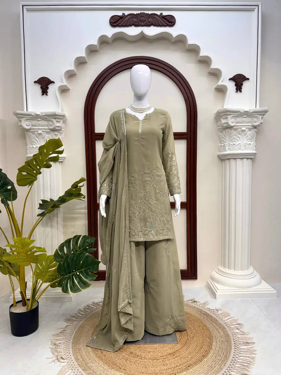Olive Floral Thread Anarkali