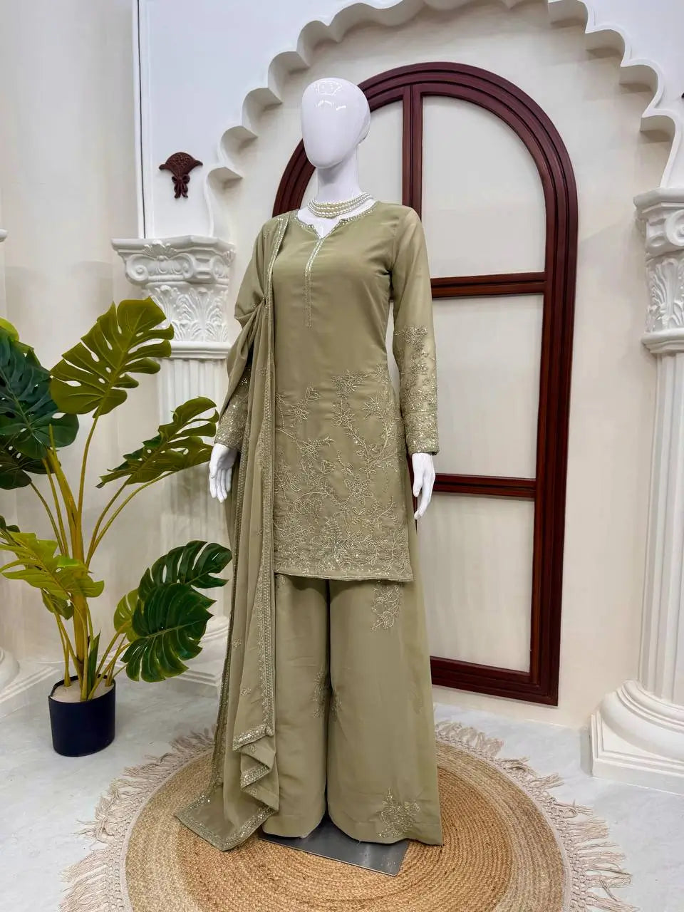 Olive Floral Thread Anarkali