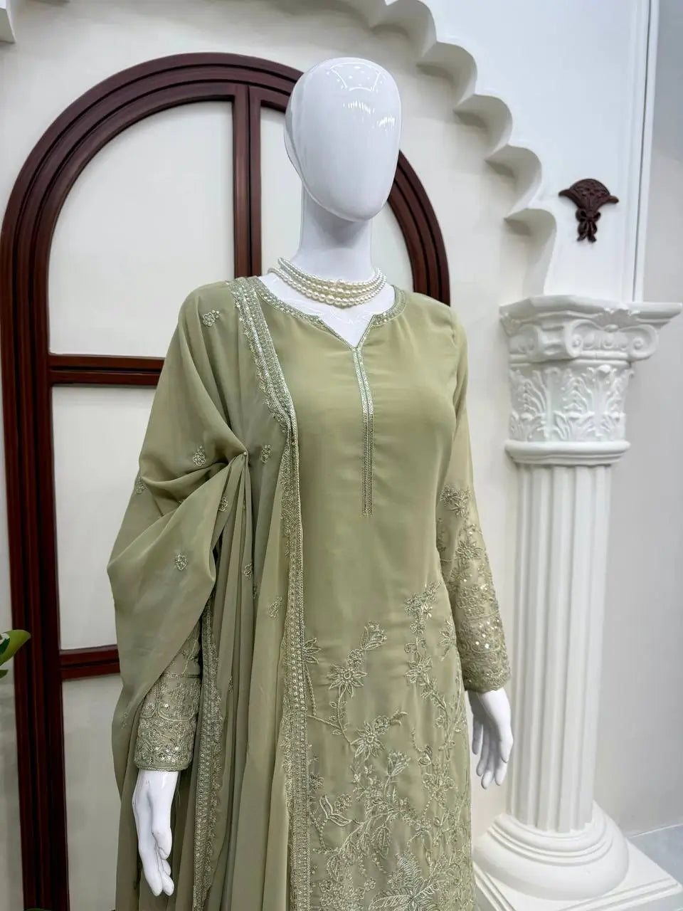Olive Floral Thread Anarkali