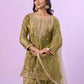 Olive Green Fandy Silk Embroidered Sequin Diamond Handwork Kurti Palazzo Set with Net Moti Dupatta | Festive Party Wear