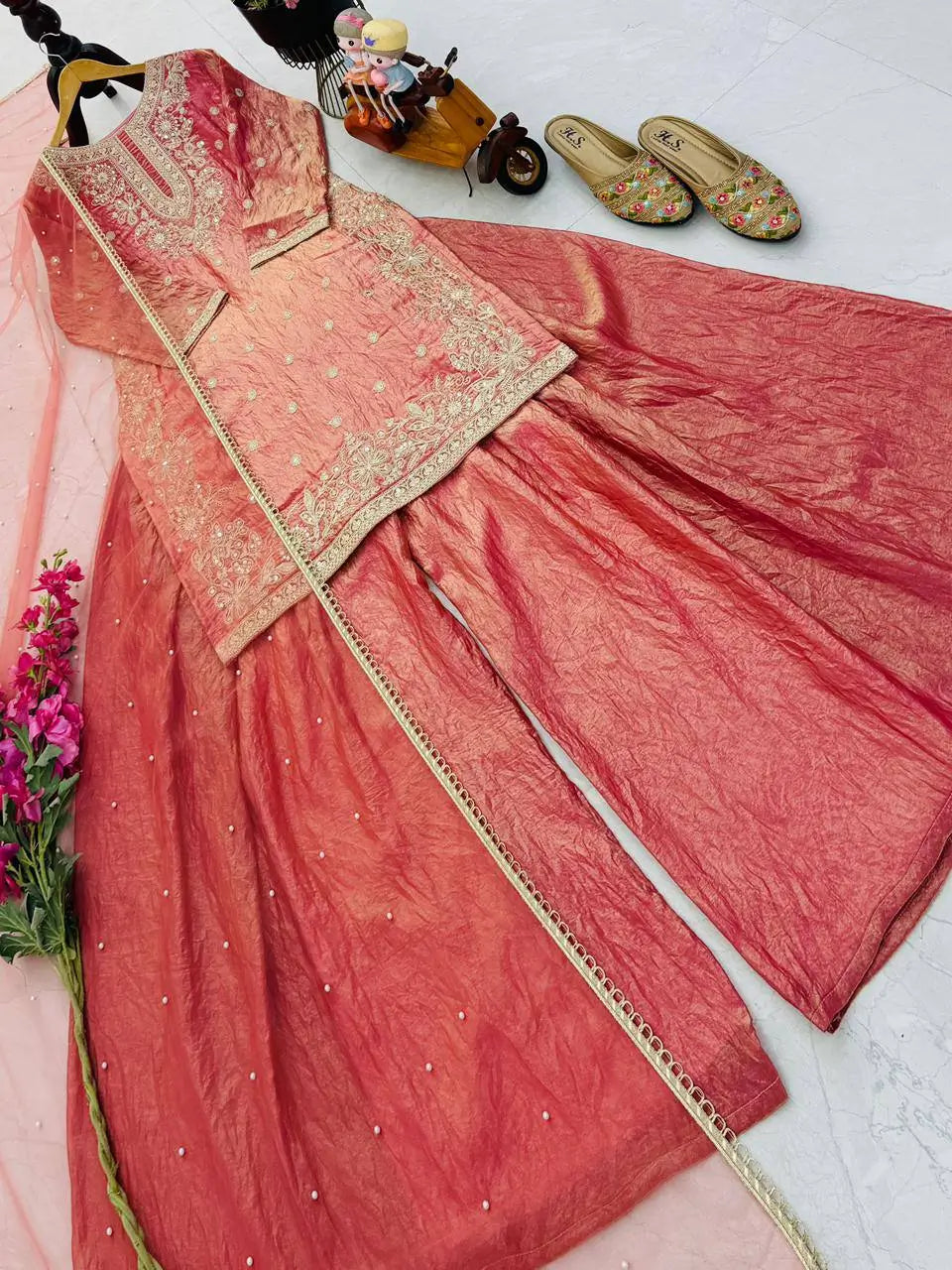 Olive Green Fandy Silk Embroidered Sequin Diamond Handwork Kurti Palazzo Set with Net Moti Dupatta | Festive Party Wear