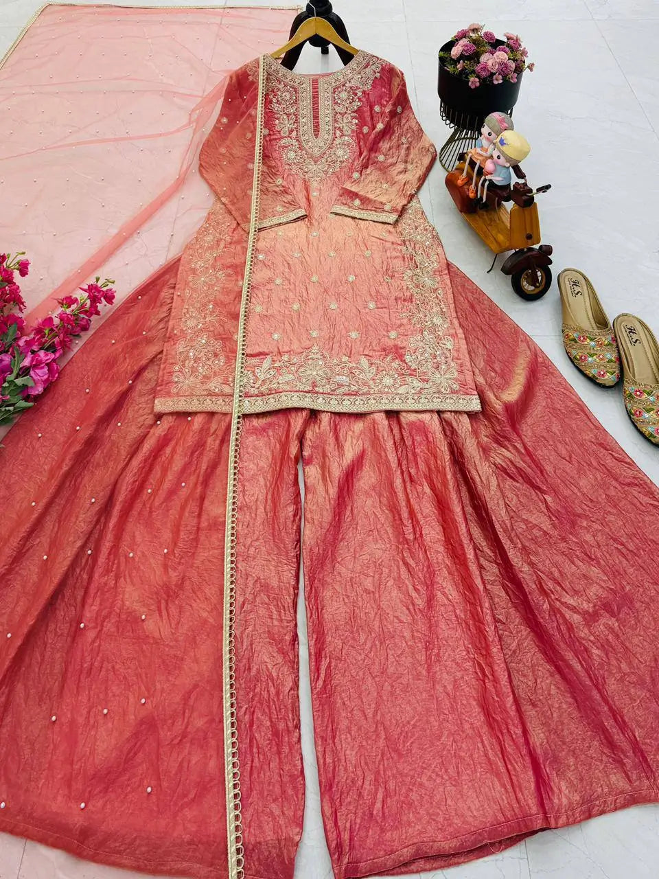 Olive Green Fandy Silk Embroidered Sequin Diamond Handwork Kurti Palazzo Set with Net Moti Dupatta | Festive Party Wear