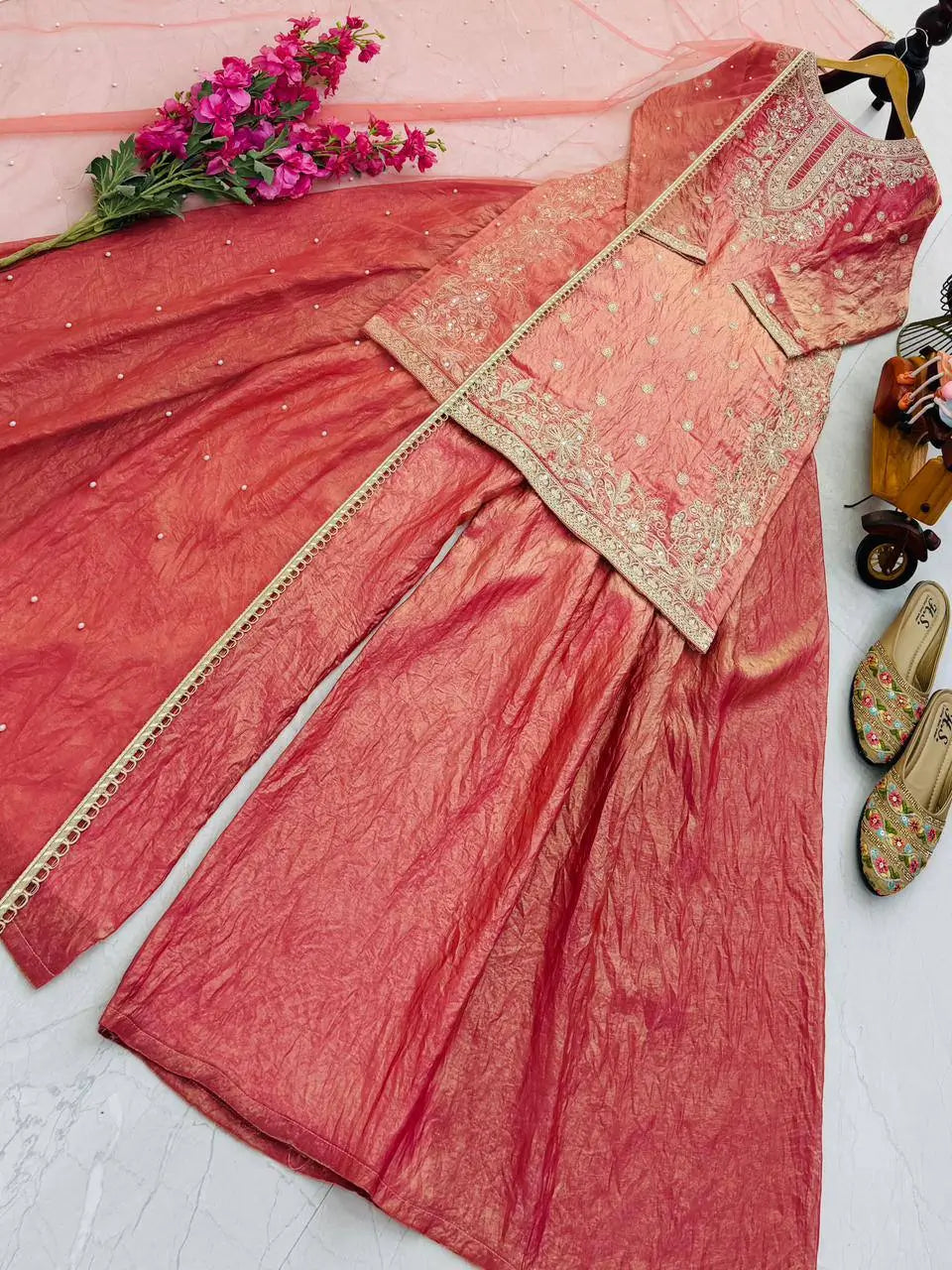 Olive Green Fandy Silk Embroidered Sequin Diamond Handwork Kurti Palazzo Set with Net Moti Dupatta | Festive Party Wear