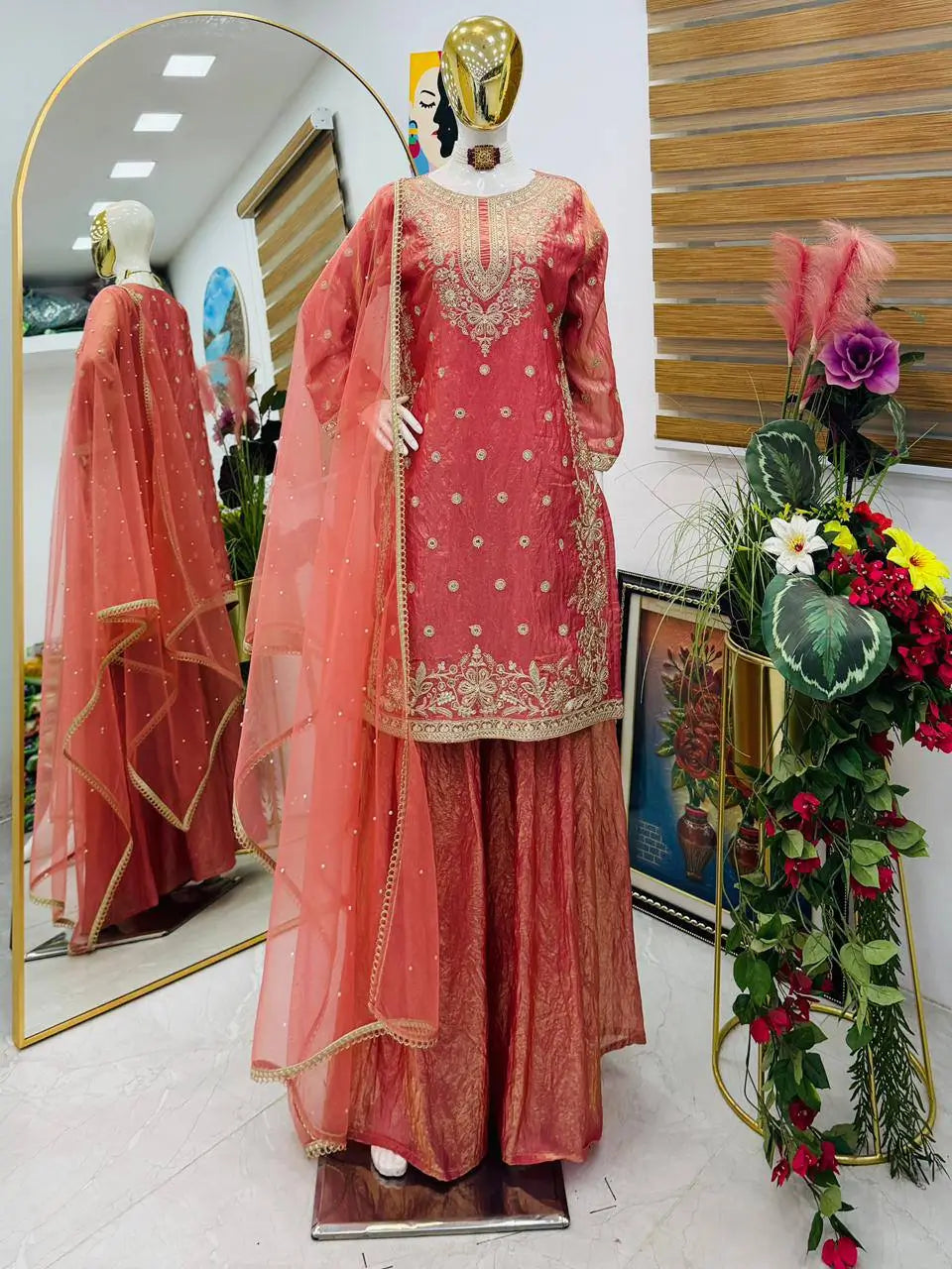 Olive Green Fandy Silk Embroidered Sequin Diamond Handwork Kurti Palazzo Set with Net Moti Dupatta | Festive Party Wear
