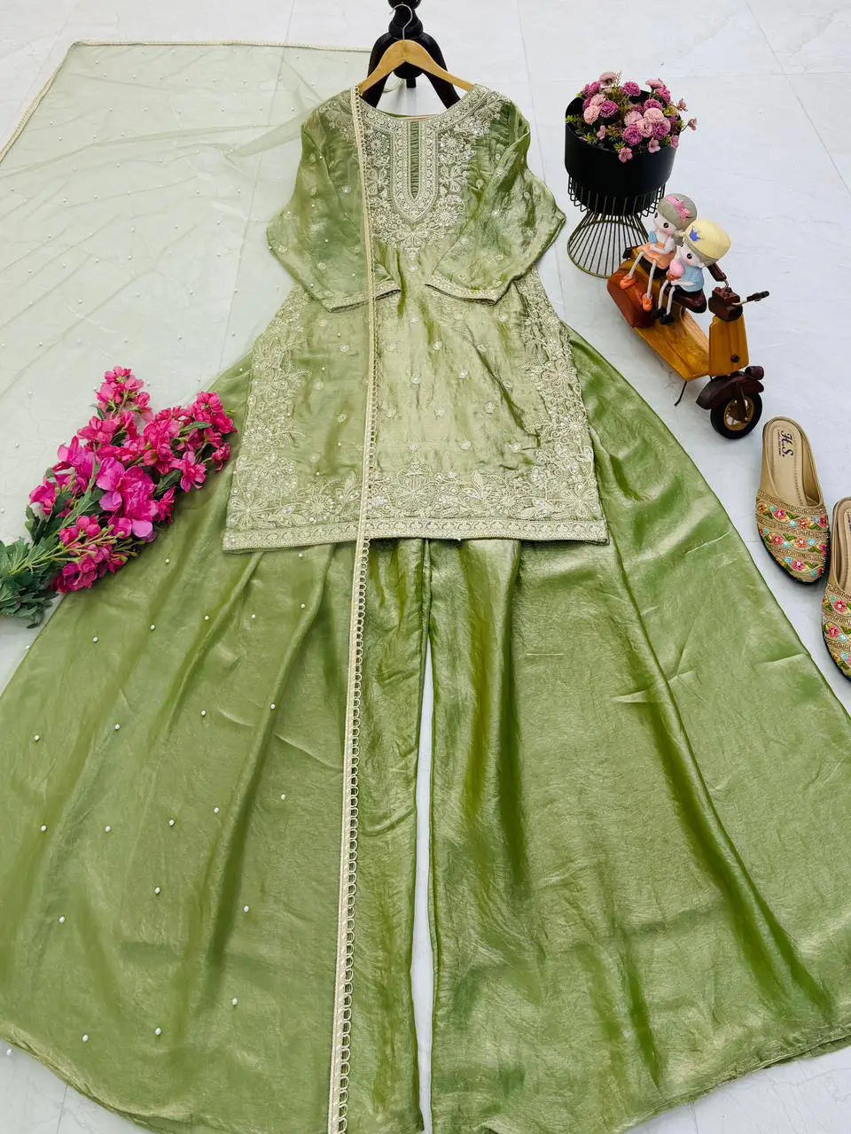 Olive Green Fandy Silk Embroidered Sequin Diamond Handwork Kurti Palazzo Set with Net Moti Dupatta | Festive Party Wear