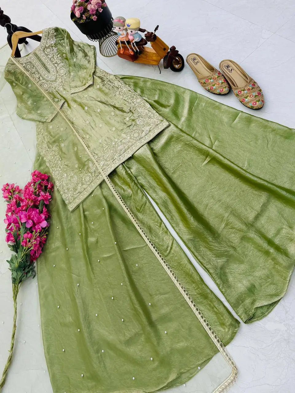 Olive Green Fandy Silk Embroidered Sequin Diamond Handwork Kurti Palazzo Set with Net Moti Dupatta | Festive Party Wear