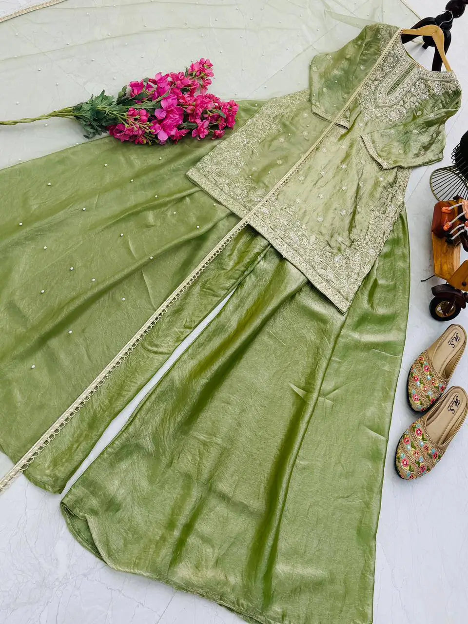 Olive Green Fandy Silk Embroidered Sequin Diamond Handwork Kurti Palazzo Set with Net Moti Dupatta | Festive Party Wear