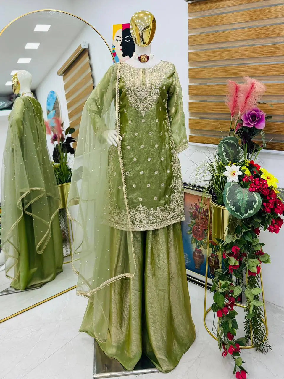 Olive Green Fandy Silk Embroidered Sequin Diamond Handwork Kurti Palazzo Set with Net Moti Dupatta | Festive Party Wear