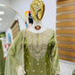 Olive Green Fandy Silk Embroidered Sequin Diamond Handwork Kurti Palazzo Set with Net Moti Dupatta | Festive Party Wear