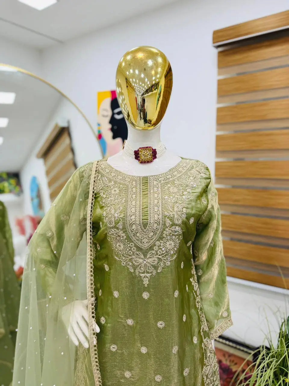 Olive Green Fandy Silk Embroidered Sequin Diamond Handwork Kurti Palazzo Set with Net Moti Dupatta | Festive Party Wear