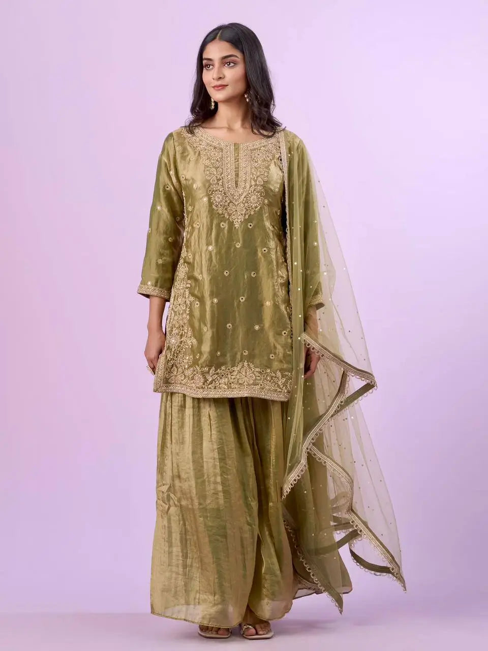 Olive Green Fandy Silk Embroidered Sequin Diamond Handwork Kurti Palazzo Set with Net Moti Dupatta | Festive Party Wear