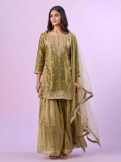 Olive Green Fandy Silk Embroidered Sequin Diamond Handwork Kurti Palazzo Set with Net Moti Dupatta | Festive Party Wear