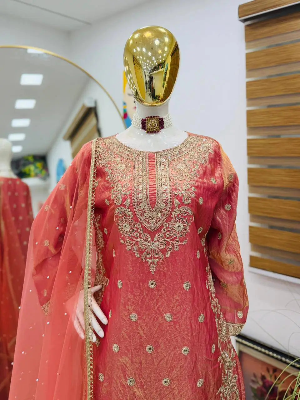 Olive Green Fandy Silk Embroidered Sequin Diamond Handwork Kurti Palazzo Set with Net Moti Dupatta | Festive Party Wear