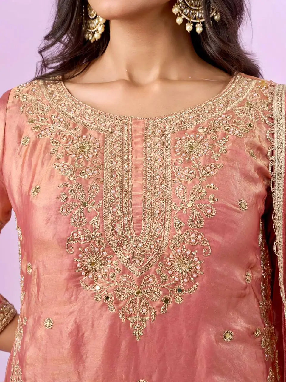 Olive Green Fandy Silk Embroidered Sequin Diamond Handwork Kurti Palazzo Set with Net Moti Dupatta | Festive Party Wear
