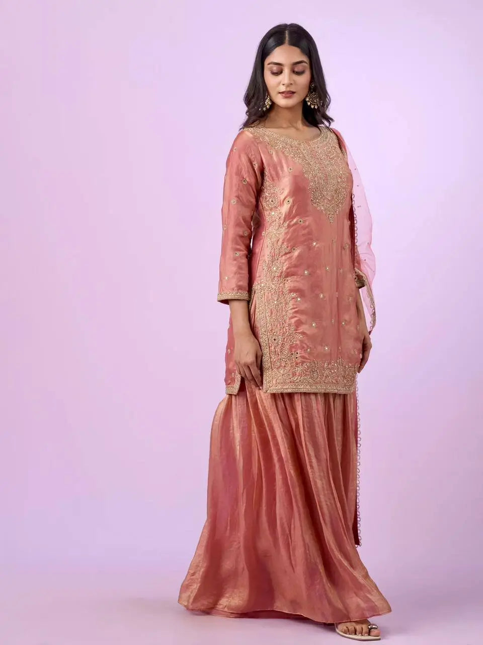 Olive Green Fandy Silk Embroidered Sequin Diamond Handwork Kurti Palazzo Set with Net Moti Dupatta | Festive Party Wear