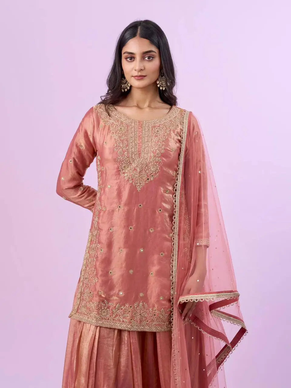 Olive Green Fandy Silk Embroidered Sequin Diamond Handwork Kurti Palazzo Set with Net Moti Dupatta | Festive Party Wear