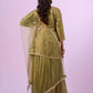 Olive Green Fandy Silk Embroidered Sequin Diamond Handwork Kurti Palazzo Set with Net Moti Dupatta | Festive Party Wear