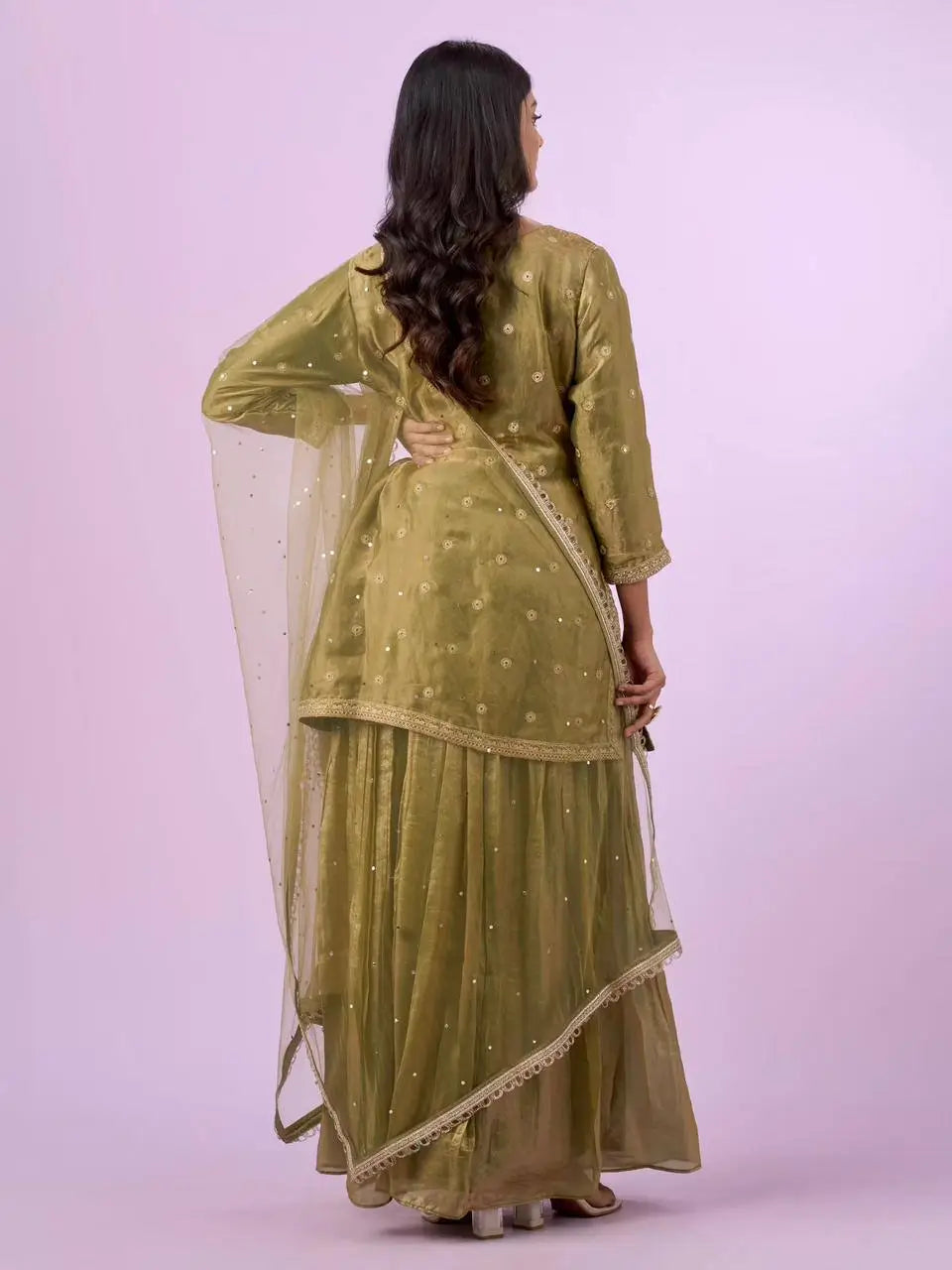 Olive Green Fandy Silk Embroidered Sequin Diamond Handwork Kurti Palazzo Set with Net Moti Dupatta | Festive Party Wear