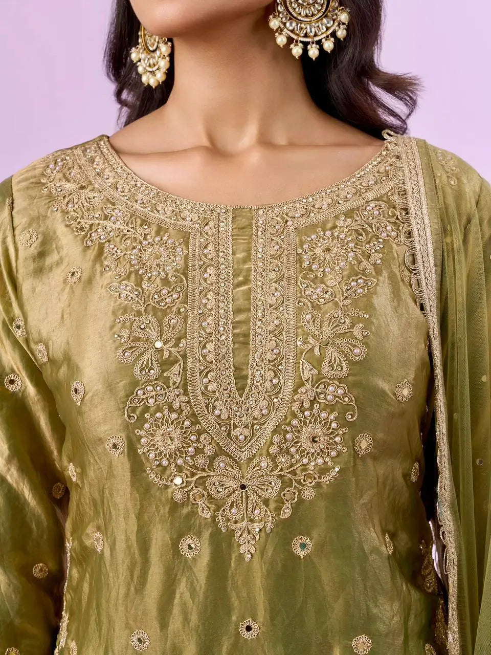 Olive Green Fandy Silk Embroidered Sequin Diamond Handwork Kurti Palazzo Set with Net Moti Dupatta | Festive Party Wear