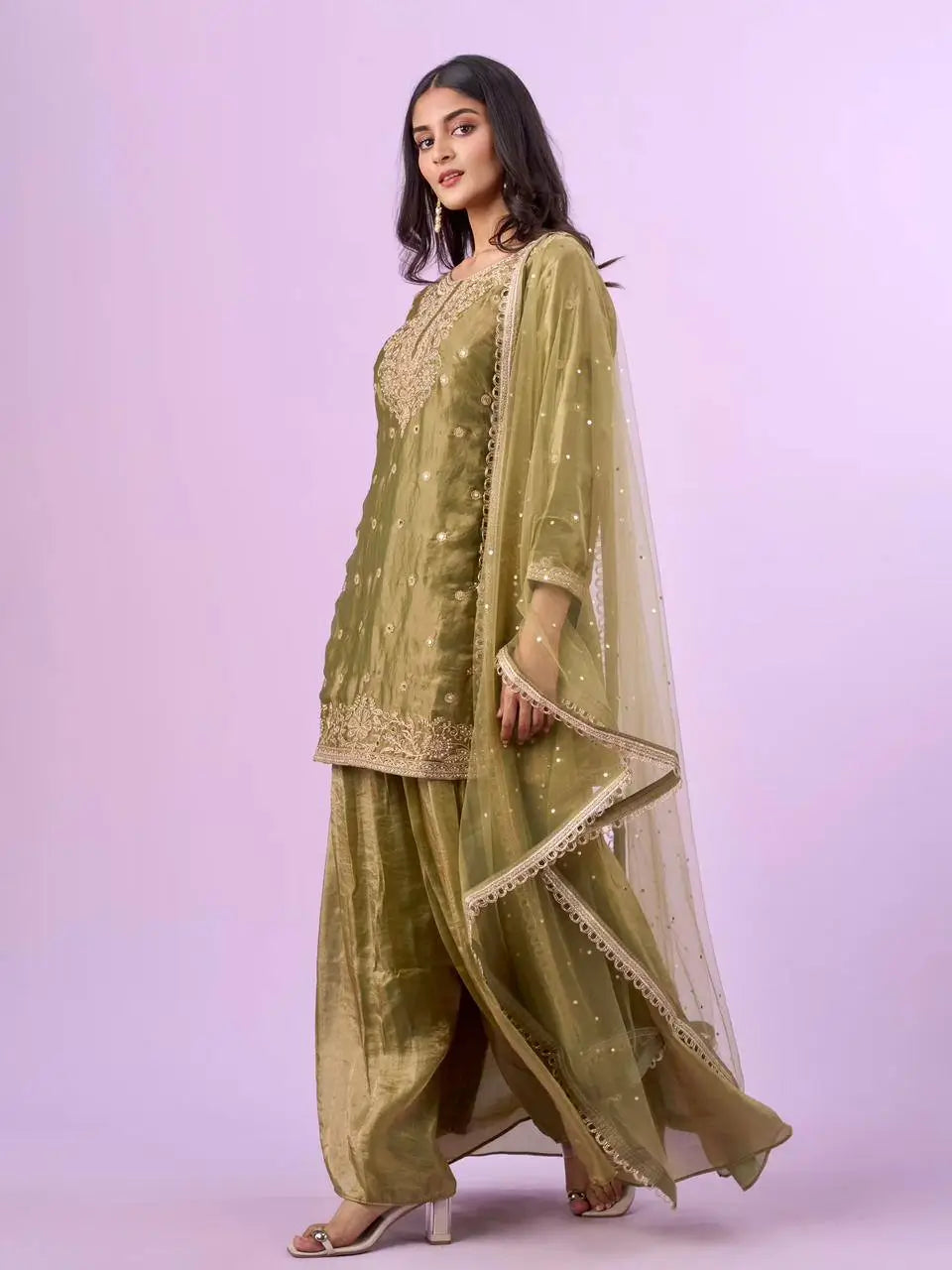 Olive Green Fandy Silk Embroidered Sequin Diamond Handwork Kurti Palazzo Set with Net Moti Dupatta | Festive Party Wear