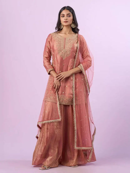 Olive Green Fandy Silk Embroidered Sequin Diamond Handwork Kurti Palazzo Set with Net Moti Dupatta | Festive Party Wear