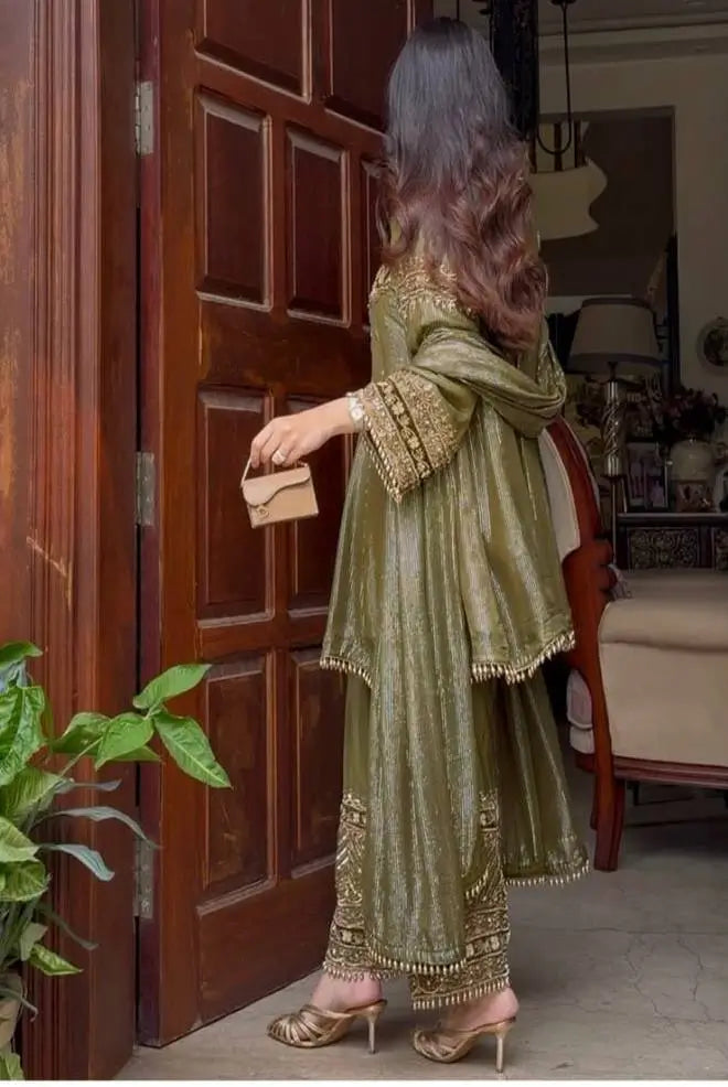 Olive Green Heavy Nylon Embroidered Sequins Kurta Plazzo Set with Soft Silk Palazzo & Lace Dupatta | Festive Party Wear