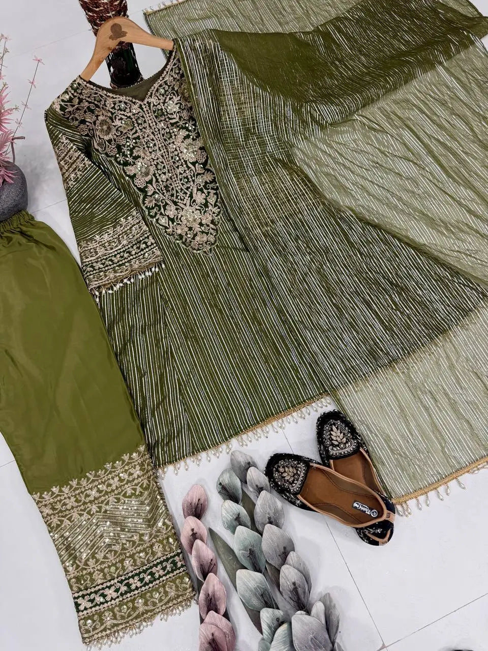 Olive Green Heavy Nylon Embroidered Sequins Kurta Plazzo Set with Soft Silk Palazzo & Lace Dupatta | Festive Party Wear
