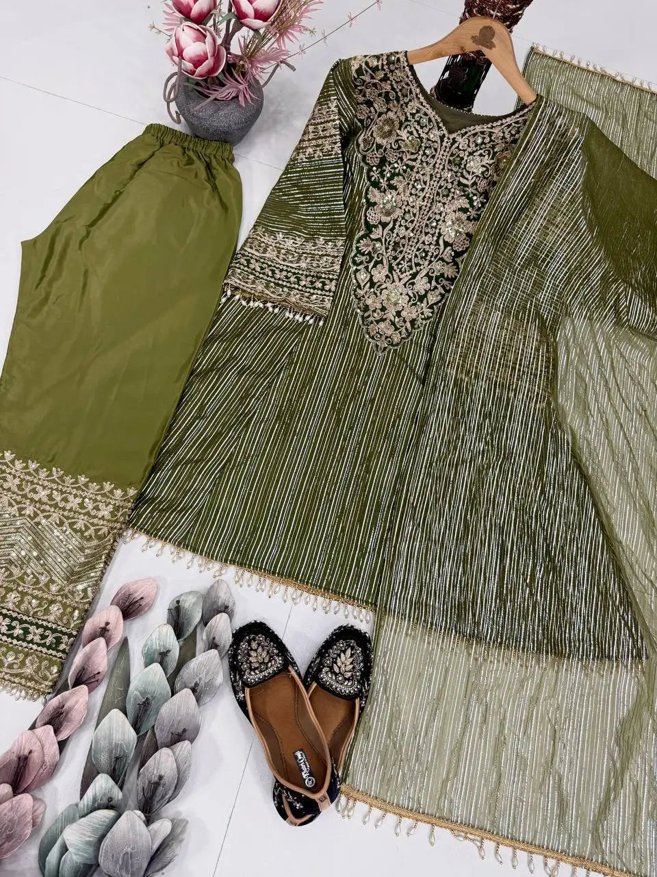 Olive Green Heavy Nylon Embroidered Sequins Kurta Plazzo Set with Soft Silk Palazzo & Lace Dupatta | Festive Party Wear