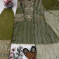 Olive Green Heavy Nylon Embroidered Sequins Kurta Plazzo Set with Soft Silk Palazzo & Lace Dupatta | Festive Party Wear