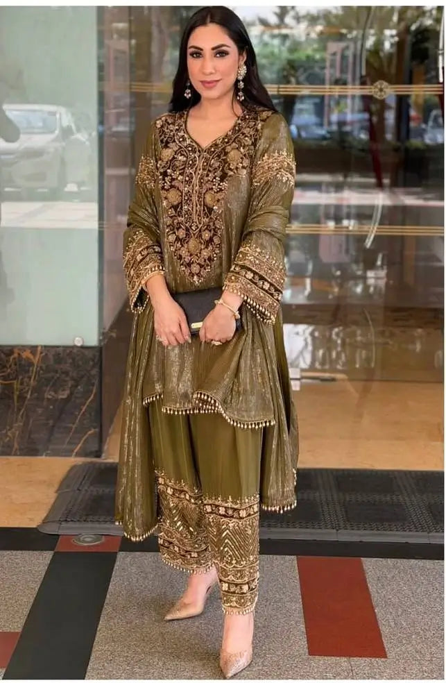 Olive Green Heavy Nylon Embroidered Sequins Kurta Plazzo Set with Soft Silk Palazzo & Lace Dupatta | Festive Party Wear
