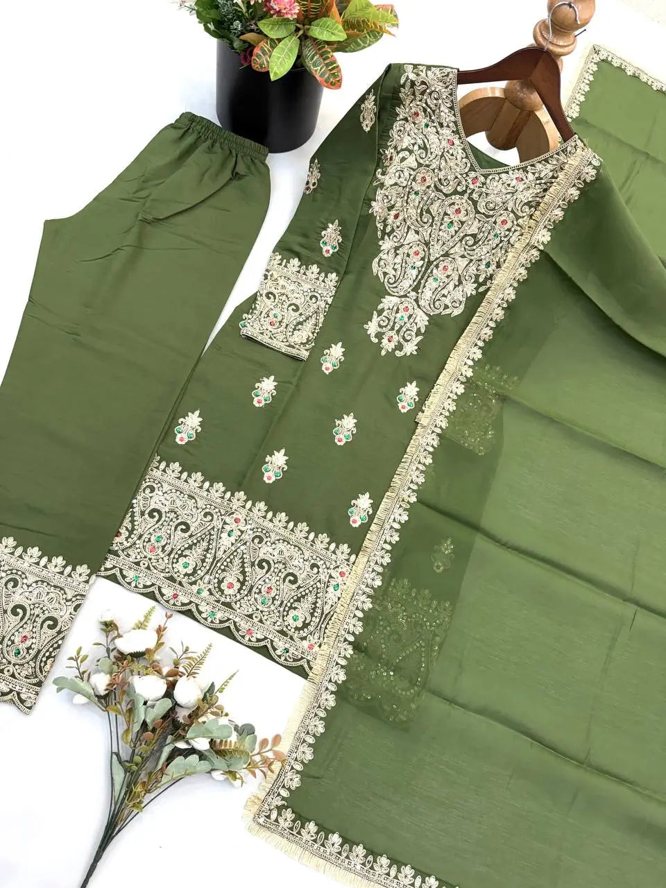 Olive Kundan Embroidered Suit Set